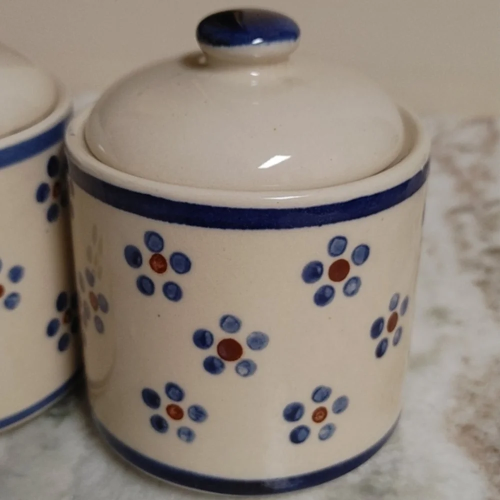 4 Mini VTG Ceramic Canisters Naaman Porcelain Israel Ivory Blue & Burgundy